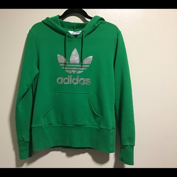 adidas Tops - Adidas Hoodie Trefoil Metallic Silver Logo Emerald Green Wide Wrist & Hem Band